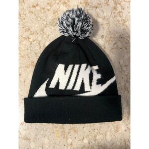 Nike Youth Pom Beanie Hat Black White Oversized Logo Knit Cap 2695-023